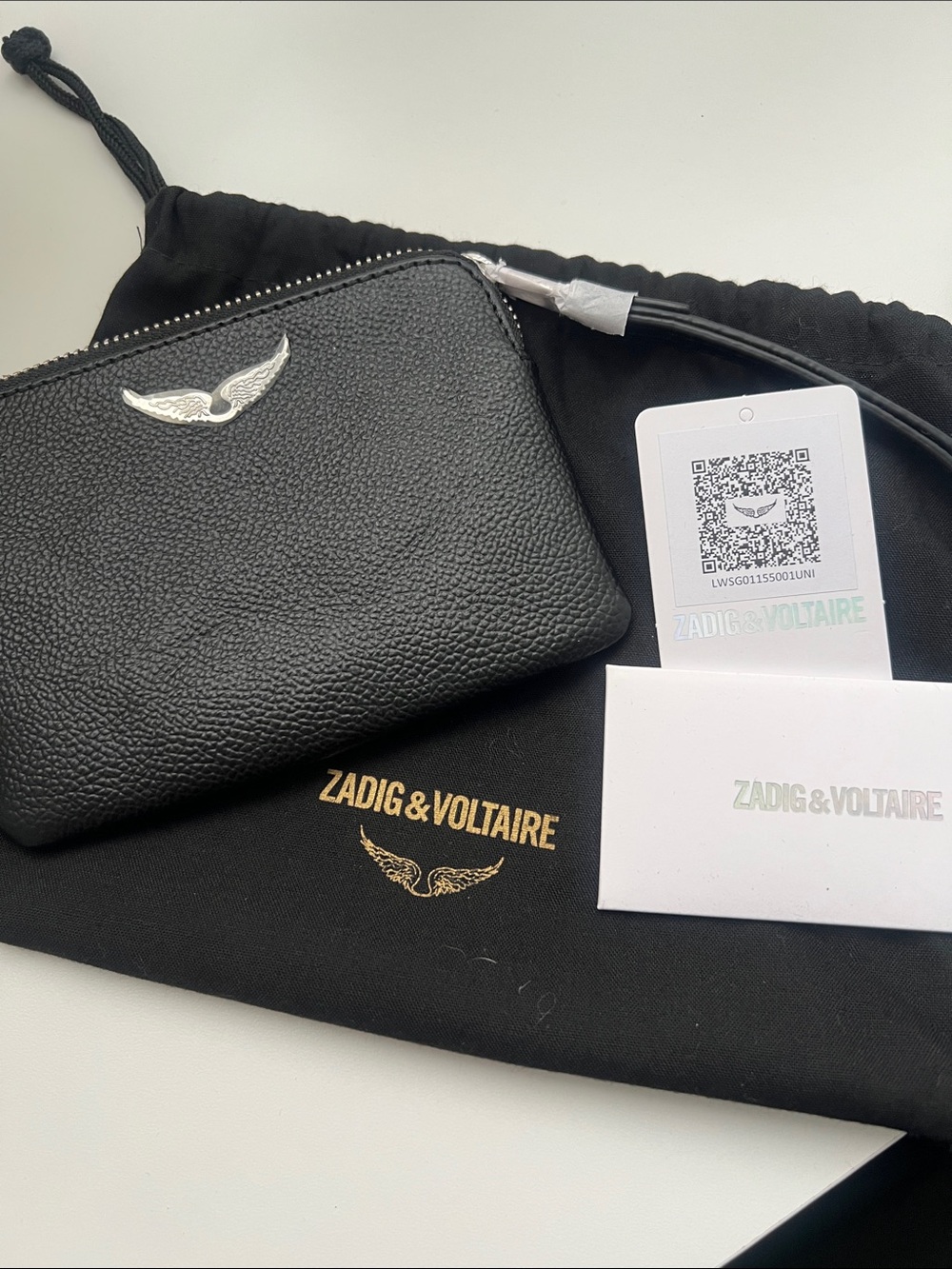 Zadig & Voltaire Black Pebbled Leather Wing Zip Pouch with Silver Accent